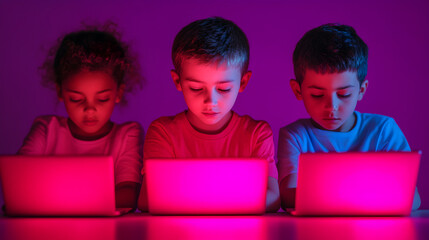 Educational technology children learning in a vibrant modern classroom environment