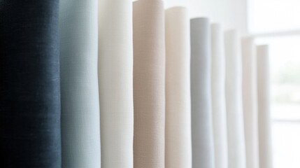 Fototapeta premium A row of different colored fabric rolls, including black, white, and gray