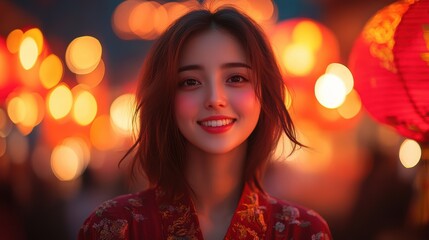 Smiling Woman in Festive Lights. A young woman with a radiant smile is the focus of this captivating portrait, bathed in the warm glow of red and orange lanterns.