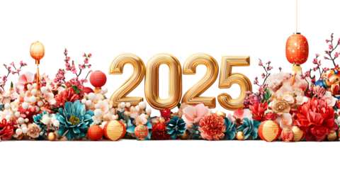 Golden 2025 New Year Celebration with Flowers and Lanterns