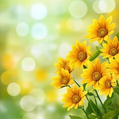 Fototapeta premium Vibrant sunflowers bloom against a soft green background offering plenty of copy space for text. Generative AI