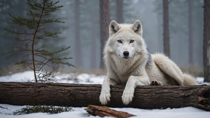 Obraz premium A serene white wolf resting on a log in a snowy forest setting.