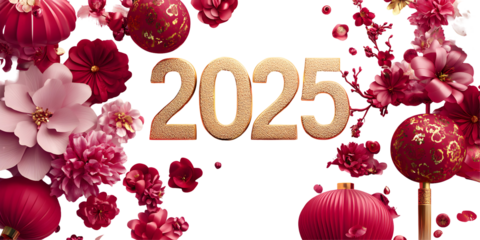 Golden 2025 New Year Celebration with Pink and Red Flowers