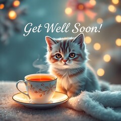 Cute kitten with tea, get well soon.