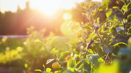 Obraz premium Sunlit Orchard Scene with Lush Green Leaves and Soft Glowing Light, Capturing the Beauty of Nature's Bounty During Golden Hour in a Tranquil Environment