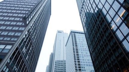 Precise architectural color photography of Toronto's Financial District skyscrapers during a soft rain. The image will highlight reflective surfaces, sharp lines 