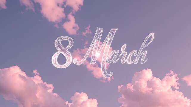 "8 March" text in an elegant cursive font over a dreamy pink sky filled with soft clouds