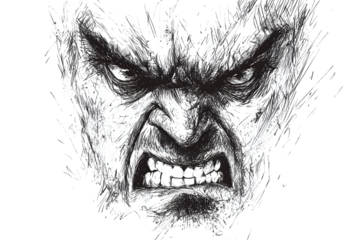 Intense Angry Face Close-Up Black and White Illustration