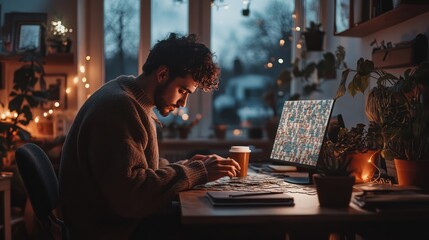 Small home office with a person working on a puzzle, seated at a desk with a warm