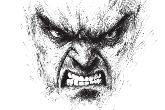 Intense Angry Face Close-Up Black and White Illustration