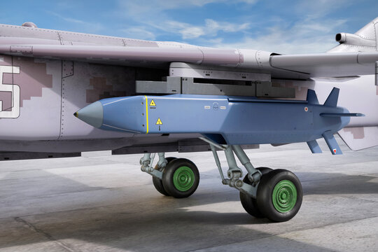 Long-range air-launched cruise missile connected to Ukrainian  supersonic tactical bomber - 3d rendering