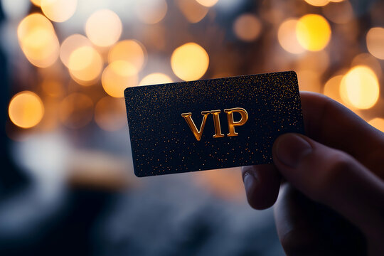 A hand holds a VIP card against a backdrop of blurred golden lights, symbolizing exclusivity and luxury.