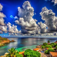 Serene Coastal Escape: Azure Sea Meets Majestic Clouds, Peaceful Ocean View, Tranquil Seascape,     