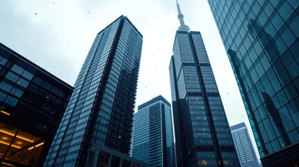 Obraz premium Precise architectural color photography of Toronto's Financial District skyscrapers during a soft rain. The image will highlight reflective surfaces, sharp lines 