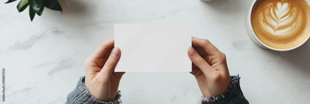 Leinwandbilder creative workspace with empty card and coffee cup on marble table for personalized messages or notes
