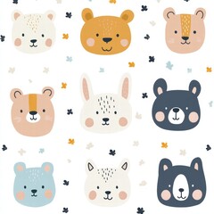 Cute animal faces illustration with colorful designs featuring bears and rabbits in a playful arrangement. Generative AI