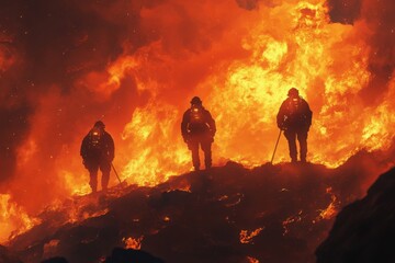 Fototapeta premium Firefighters Silhouetted Against Fiery Wildfire Blaze