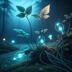 Glowing Bioluminescent Plants: Organic Fusion of Nature's Light eco dark flora stems roots shine    