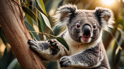 Fototapeta premium A close-up of a koala perched on a tree branch, surrounded by eucalyptus leaves.