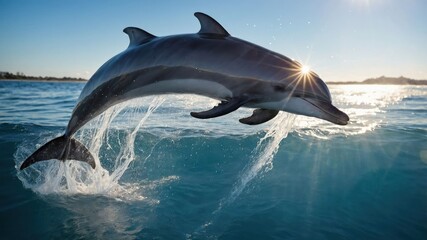 A dolphin leaps gracefully out of the water, illuminated by sunlight.