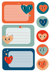 Fototapeta premium Set with templates for note cards and stickers with cute retro hearts and flowers