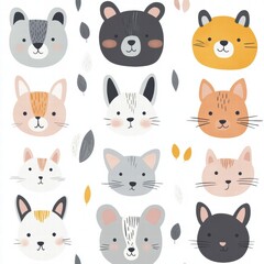 Cute animal faces pattern featuring bears, cats, and rabbits with colorful accents. Generative AI
