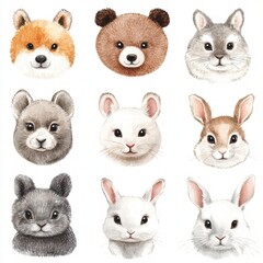 Fototapeta premium Cute animal illustrations featuring bear, fox, rabbit, and mouse faces in colorful designs suitable for children. Generative AI