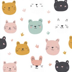 Obraz premium Cute animal faces pattern in soft colors for childrens decor and projects. Generative AI