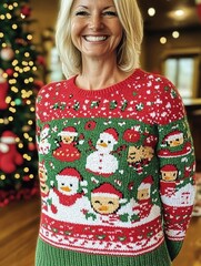 Woman wearing cheerful ugly Christmas sweater, festive holiday fashion, Christmas party outfit ideas