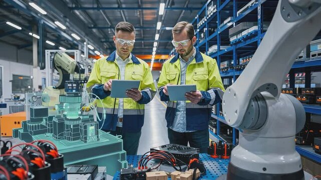 Two factory workers in safety gear collaborate, examining a digital model on tablets while an industrial robot stands ready in the background.