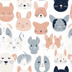 Cute animal faces pattern featuring various cats and dogs illustrated in soft colors on a white background. Generative AI