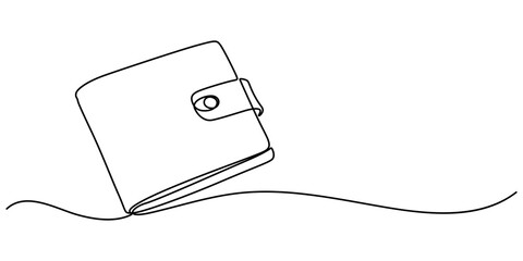 Obraz premium One continuous line. Wallet with banknotes. Money in a leather wallet. Flat minimal icon. One continuous line on a white background, Wallet glyph line icon. Thin line icon that can be applied anywhere