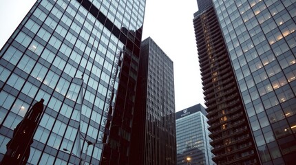 Fototapeta premium Precise architectural color photography of Toronto's Financial District skyscrapers during a soft rain. The image will highlight reflective surfaces, sharp lines 