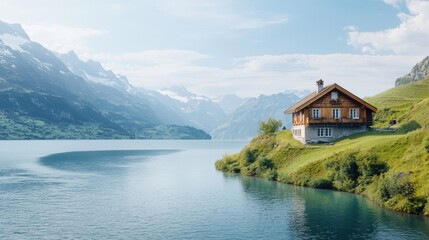 Fototapeta premium Scenic cabin retreat by tranquil lake swiss alps landscape photo