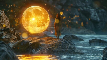 A woman stands on a rock. There is a yellow globe floating in the air. It is beautiful and colorful.