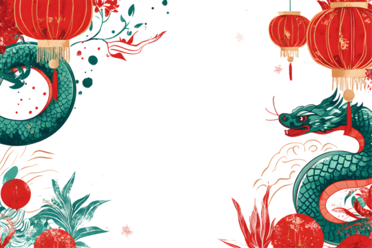 Serene Green Snake and Red Lanterns on Black Background, Asian T