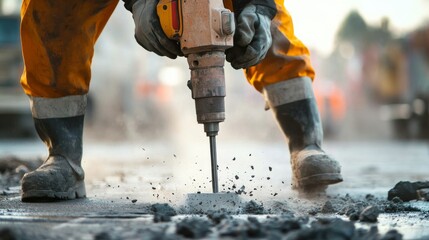A close-up of a construction worker using a pneumatic drill to break concrete at a road construction site, Concrete demolition scene, Action-oriented style