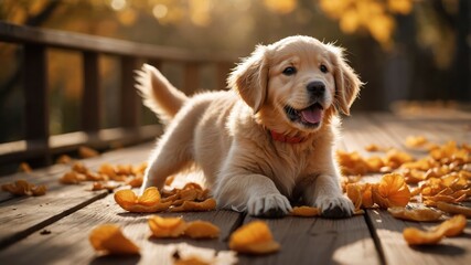 A playful golden retriever puppy lies on a wooden deck surrounded by autumn leaves.
