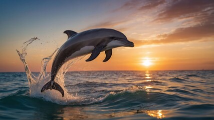 Fototapeta premium A dolphin leaps gracefully over ocean waves at sunset, showcasing nature's beauty.