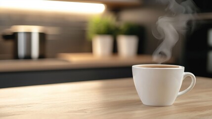 Fototapeta premium A white coffee cup sits on a wooden table with steam rising from it