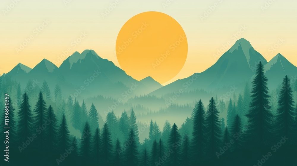 Aufkleber Landscape with mountains and a large sun setting behind trees during dusk with ample space for text. Generative AI