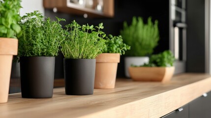 Fototapeta premium A kitchen counter with a variety of potted plants, including herbs and flowers