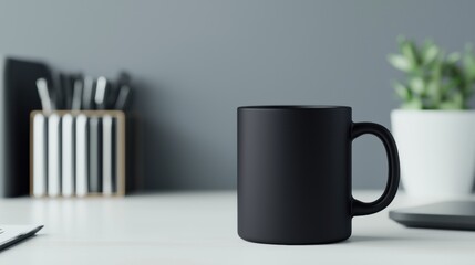 A black coffee mug sits on a table next to a laptop and a potted plant