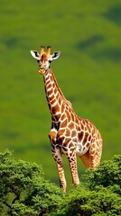 Obraz premium A lone giraffe standing elegantly under the shade of a sprawling jungle tree with golden light filtering through the canopy for an elegant wildlife theme 