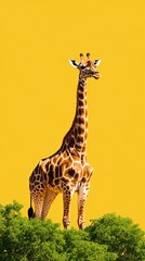 Fototapeta premium A lone giraffe standing elegantly under the shade of a sprawling jungle tree with golden light filtering through the canopy for an elegant wildlife theme 