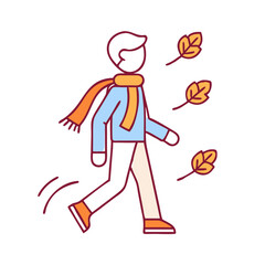 walking with a scarf in fall icon, walking with a scarf in fall vector,