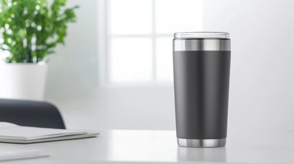 A black coffee cup sits on a table next to a potted plant