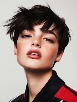 A textured, asymmetrical pixie-bob combo with vibrant color accents, featuring a confident model with a playful edge.