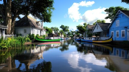 Serene canal scene with colorful boats and charming houses.