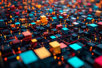 Obraz premium Abstract colorful blocks, glowing lines, interconnected network.
